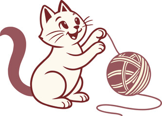 Cute Happy Cat Playing with Ball of Yarn
