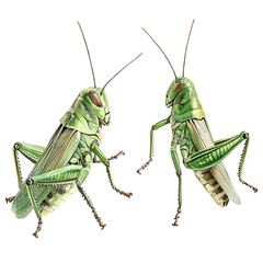 Two detailed green grasshoppers facing each other on a transparent background isolated on transparent background