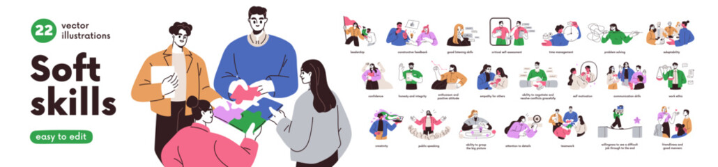 Naklejka na ściany i meble Soft skills for business, work, career set. Communication, empathy, time-management, leadership, teamwork, problem solving. Personality abilities. Flat vector illustration isolated on white background