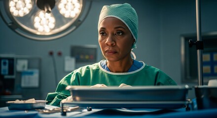 A serious female surgeon in scrubs and cap looks intently at surgical instruments on a tray in an operating room under bright lights