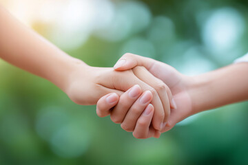 Hands clasped in friendship with defocused background, faceless unity concept, relationship visualization detail, blurred setting, fellowship gesture, Christian love interface, com