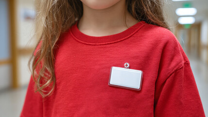 Child with blank name tag in school hallway.