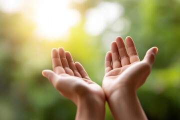Hands open upward in worship gesture with defocused light, faceless prayer position, spiritual reaching visualization, blurred blessing background, Eucharist therapy detail, Cathol