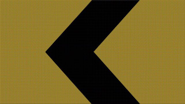 left turn chevron arrow, construction or road safety markings down arrows on a horizontal video digital LED signage LCD display board 4K animation with digital scoreboard texture effect