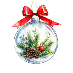 Festive clear glass christmas ornament with pine cone and berries isolated on transparent background