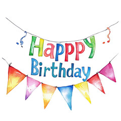 Colorful watercolor happy birthday banner with triangular flags and streamers isolated on transparent background