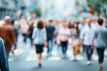 Blurred people walking on street with defocused urban background, faceless humanity scene, crowd visualization detail, motion blur effect, daily life concept, human journey interfa