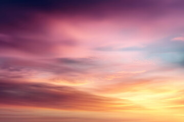 Fototapeta premium Colorful sunset sky with clouds defocused atmosphere, faceless evening beauty, natural visualization detail, blurred horizon background, divine creation concept, heavenly interface