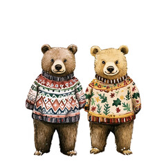 Two adorable brown teddy bears wearing festive christmas sweaters standing together isolated on transparent background