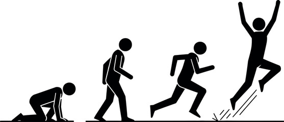 Vector Illustration of Human Evolution: From Crawling to Jumping, Symbolizing Progress and Achievement