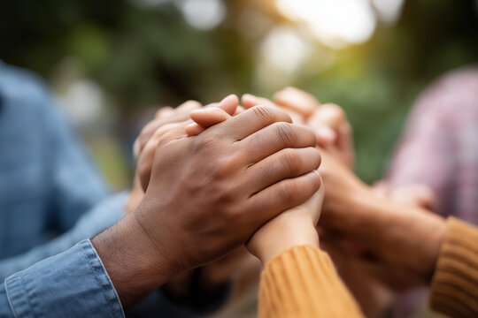 Circle of hands clasped together in prayer defocused, faceless worship group, community visualization detail, blurred gathering background, collective prayer concept, faith unity i