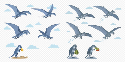 Illustration of Pterodactyls in flight and on the ground with food.