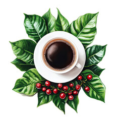 A steaming cup of dark roasted coffee surrounded by vibrant green coffee leaves and ripe red coffee cherries isolated on transparent background