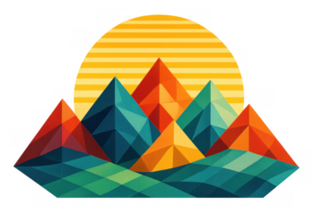 Colorful geometric mountain range with polygonal peaks and a striped sun rising or setting, on a transparent background