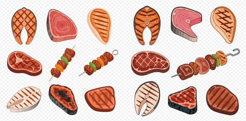 Illustration of various grilled meats and fish, including steaks, salmon, and kebabs.