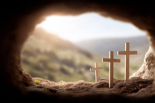 Empty tomb opening with three crosses defocused hilltop background, faceless Easter concept, resurrection visualization detail, blurred crucifixion scene, He is Risen message, Chri