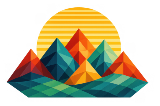 Colorful geometric mountain range with polygonal peaks and a striped sun rising or setting, on a transparent background - Powered by Adobe