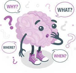 Cartoon brain character with question marks and speech bubbles thinking questioning