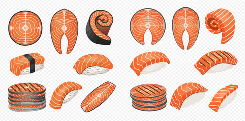 Illustration of various cuts and preparations of salmon, including steaks, rolls, and sushi.