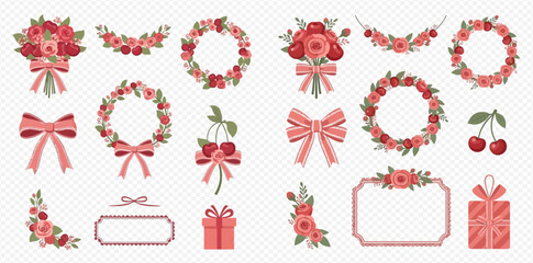 Collection of floral wreaths, bows, bouquets, cherries, and gift boxes in a soft pink color scheme.