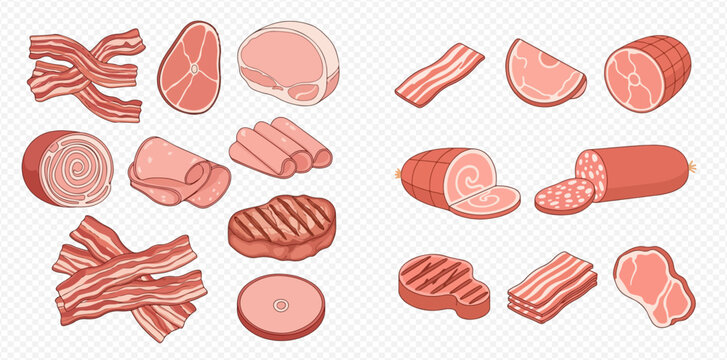 Illustration of various types of meat products, including bacon, steak, and ham.