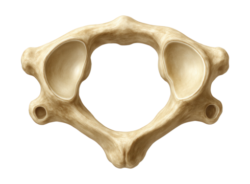 Atlas vertebra lacking a body, featuring large concave superior articular facets.