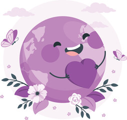 Cartoon Earth holding a heart with butterflies planet globe