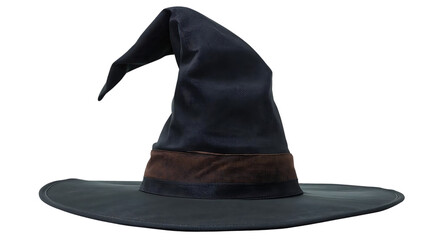 Classic  witch hat with curled tip, realistic fabric texture, isolated on transparent background.