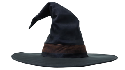 Classic  witch hat with curled tip, realistic fabric texture, isolated on transparent background.