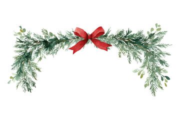 Watercolor carved frame with a chevron bow. Green frame with a fir branch and green leaves. Carved natural decor on a transparent background