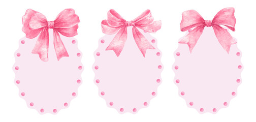 Pink frames coquette with bows. Vintage round borders with watercolor bows. Elegant retro frames drawn by hand. Romantic pink frames.