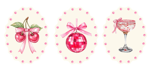 Coquette frames with bows and romantic elements. Cocktail glass with bow, cherries and disco ball. Vintage frames with cute coquette elements. Frames for Valentine's Day.