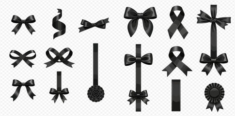 Collection of black ribbons and bows for mourning, grief, or memorial purposes, displayed on a transparent background.