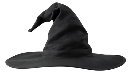 Classic  witch hat with curled tip, realistic fabric texture, isolated on transparent background.