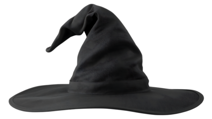 Classic  witch hat with curled tip, realistic fabric texture, isolated on transparent background.