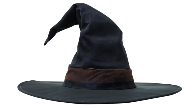 Classic  witch hat with curled tip, realistic fabric texture, isolated on transparent background.
