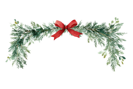 Watercolor carved frame with a chevron bow. Green frame with a fir branch and green leaves. Carved natural decor on a transparent background