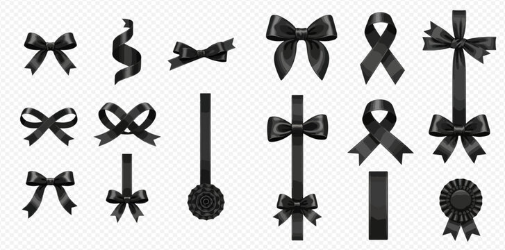 Collection of black ribbons and bows for mourning, grief, or memorial purposes, displayed on a transparent background.