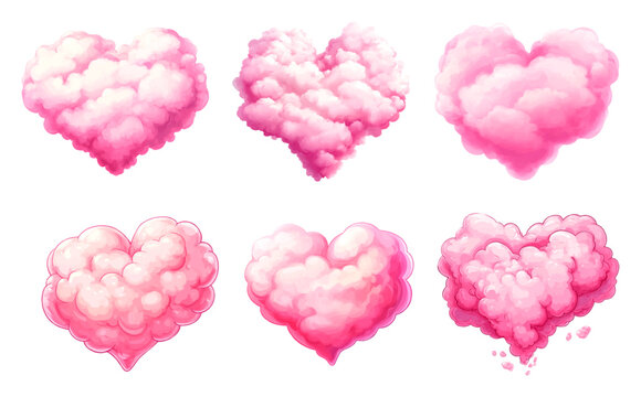 Watercolor set of fluffy clouds in the shape of a heart. Pink fluffy hearts from a cloud. Romantic elements of love and romance. Valentine's Day elements. Pink cotton candy in the shape of a heart.