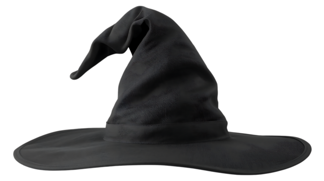 Classic  witch hat with curled tip, realistic fabric texture, isolated on transparent background.
