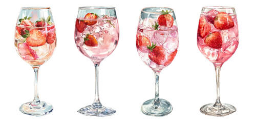 Set of strawberry cocktails in glasses. Refreshing drinks with strawberry and ice. Summer drinks. Whimsical cocktail. Watercolor bar elements.