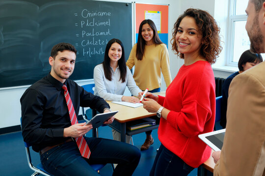 Group of young multiethnic men and women collaborating in classroom, smiling and holding digital tablets and notebooks, standing and sitting near chalkboard with handwritten notes