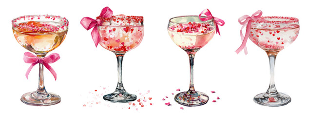 Whimsical watercolor pink cocktails. Glasses with pink drinks decorated with bows. Cute flirty bar elements. Romantic cocktails for Valentine's Day. Hand drawn drinks.