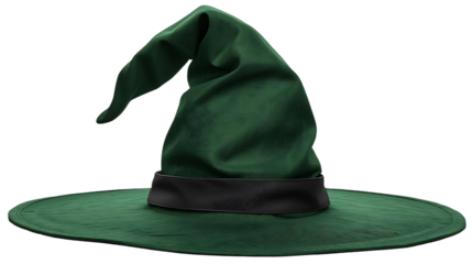 Classic  witch hat with curled tip, realistic fabric texture, isolated on transparent background.