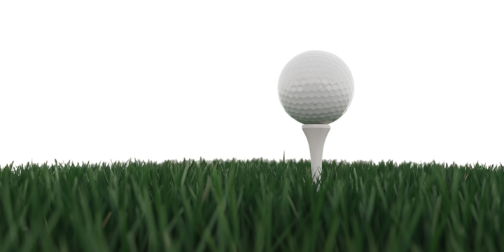 White golf ball, resting on a white tee in green grass, cutout, PNG isolated on white or transparent background golf tee