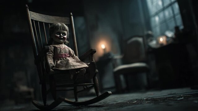 Eerie Encounter with a Haunted Doll: A Sinister Presence in a Dimly Lit Room Captured Through Two Intense Frames of a Video