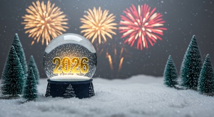 2026 Snow Globe with Fireworks New Years Eve Celebration with Winter Scene.