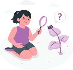 Child with magnifying glass observing ladybug on purple plant girl insect
