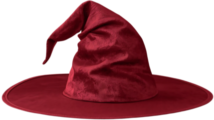Classic  witch hat with curled tip, realistic fabric texture, isolated on transparent background.