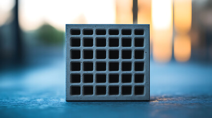 Close-up of a square concrete block with square cutouts sits on a surface, showcasing texture and design in an outdoor setting with soft, blurred background light.